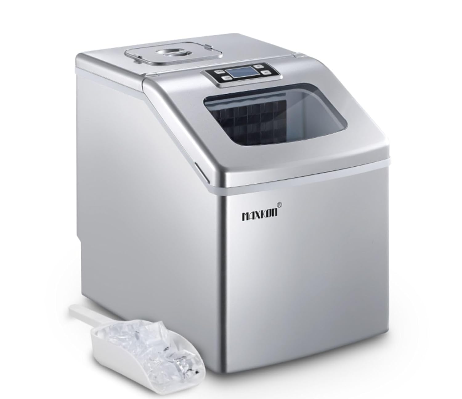 Maxkon 20Kg/24Hrs Countertop Ice Maker Machine Clear Cube Making,3.2L Water Tank Ice Making Machine, 2 Water Filling Ways, Stainless Steel Ice Machine for Home Office Bar Party Home Commercial