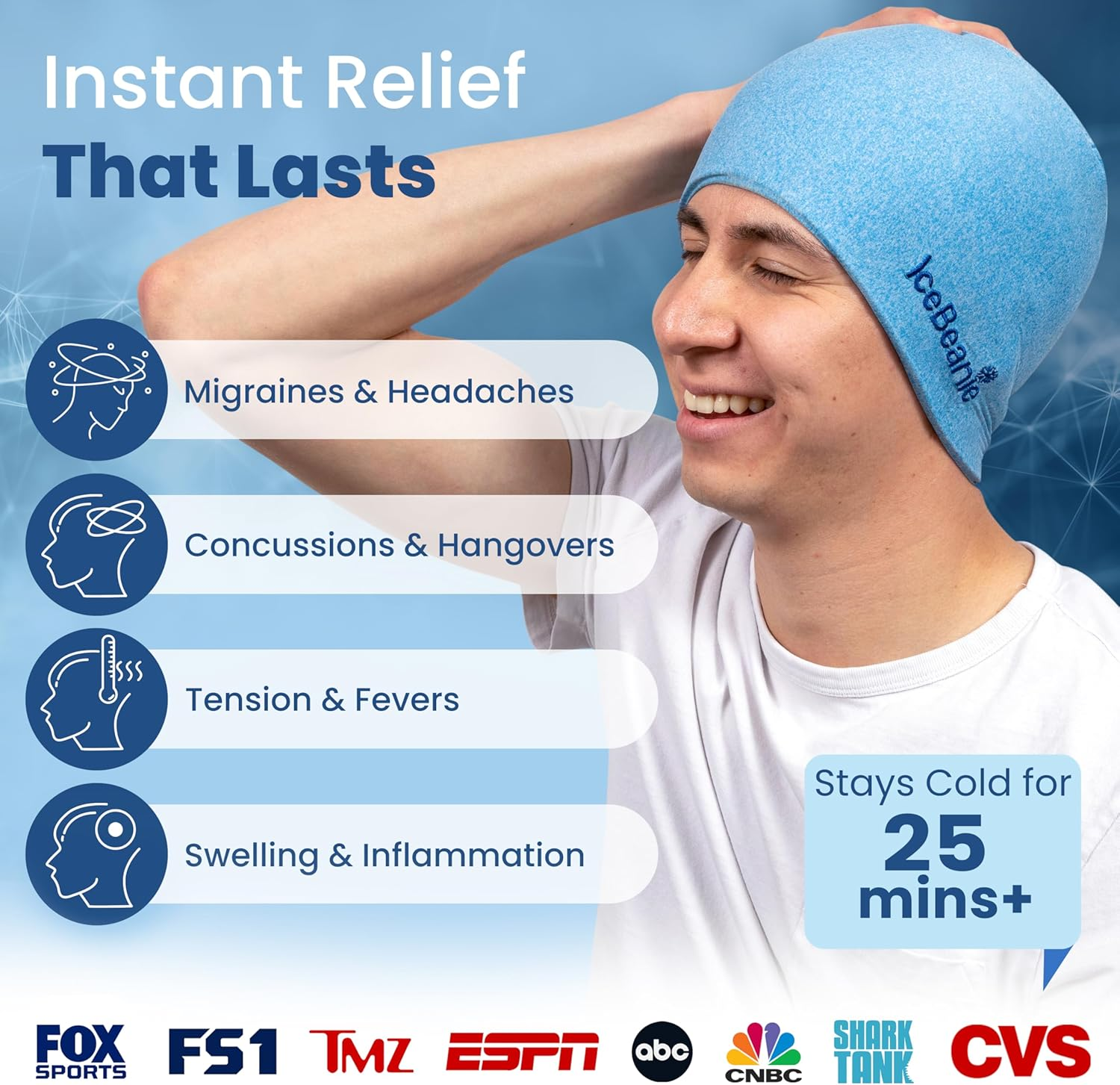 Ice Beanie Natural Migraine Relief - Eliminate Tension Headaches with This Acupressure Designed Cold Pack Hat - Enjoy Soothing Compression to Relieve Pain Associated with Overexertion, Aches & Fever image number 1