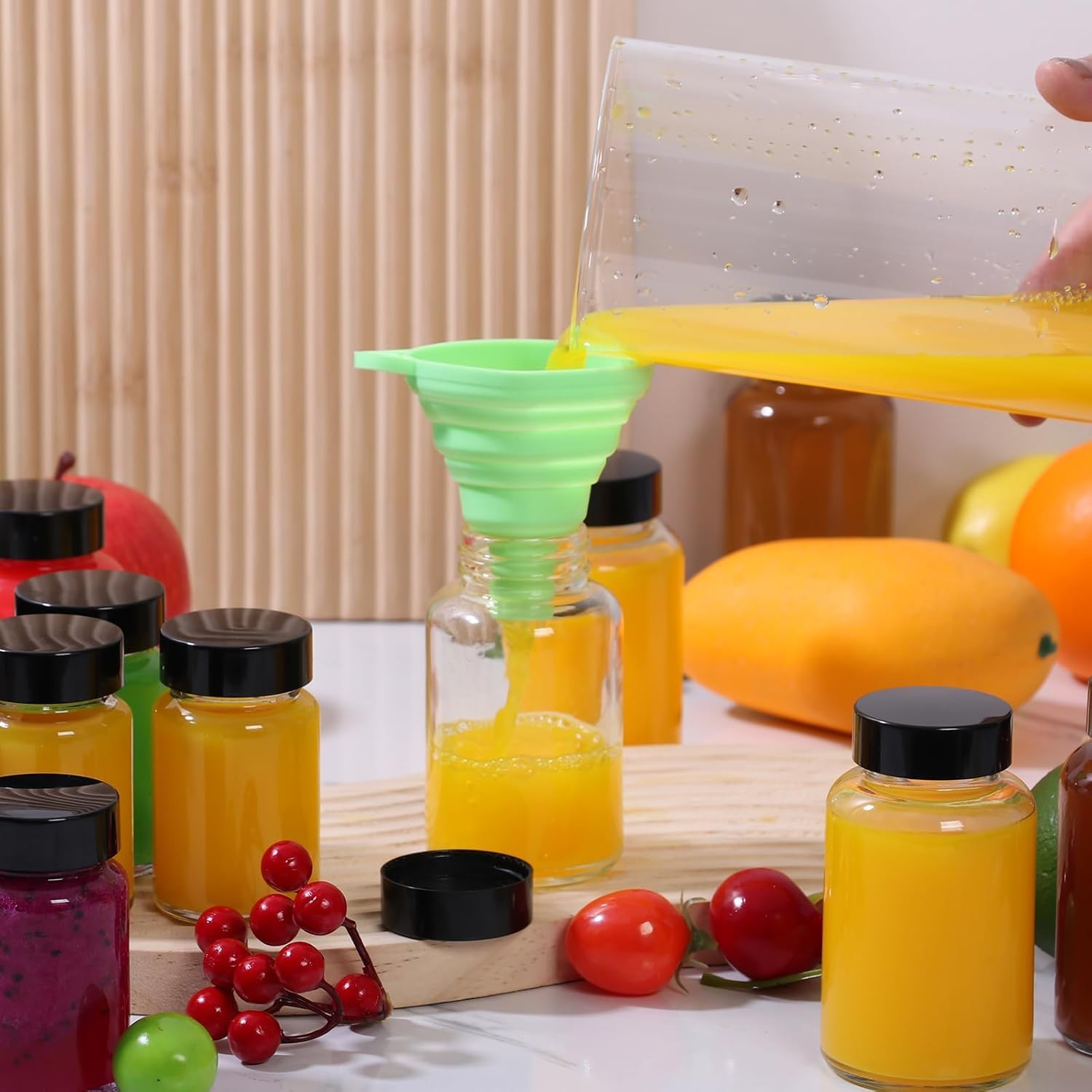 2 Oz Small Clear Glass Bottles with Lids - 60 ML Wide Mouth Shot with Caps Reusable for Ginger Shots, Juice, Potion, Liquids, Whiskey - Mini Travel Bottles with Funnels, Stickers (12Pcs-Clear) image number 6