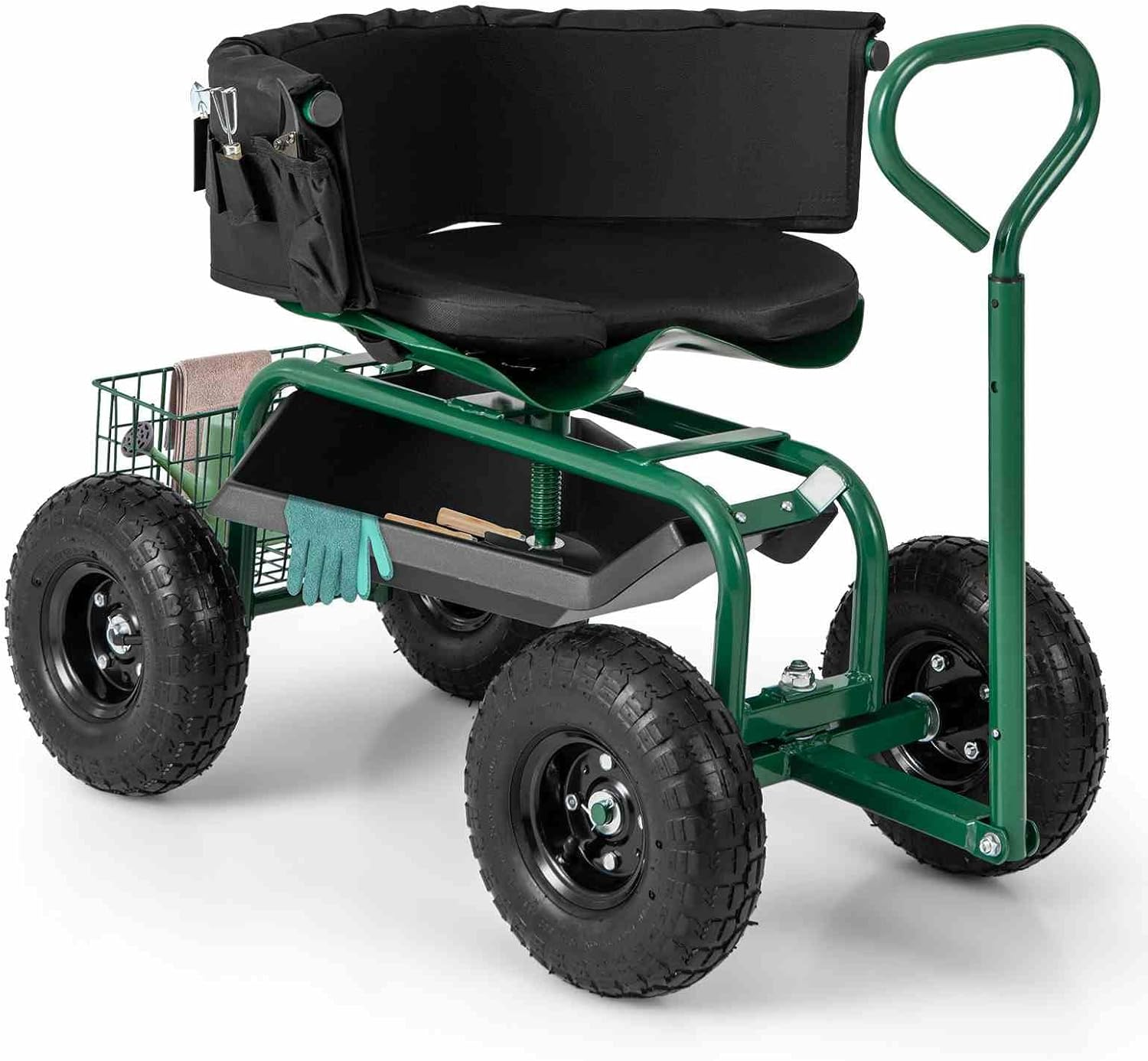 Costway Rolling Garden Cart Scooter, Outdoor Heavy-Duty Gardening Cart W/ 26Cm Tires, Swivel Seat, Extendable Handle, Yard Steerable Tool Cart Scooter W/Tray, Storage Basket, Tool Pouch, Seat Cushion