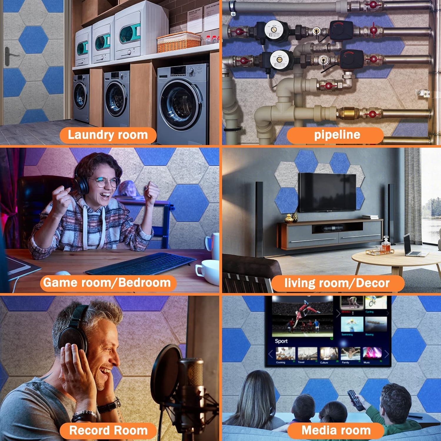 DEKIRU 12 PACK Acoustic Panels, Sound Proof Foam Panels Hexagon Self-Adhesive 12"X10"X0.4", Flame Resistant Soundproof Wall Panels, Sound Proof Panels for Walls, Home and Studio Equipment (Blue） image number 4