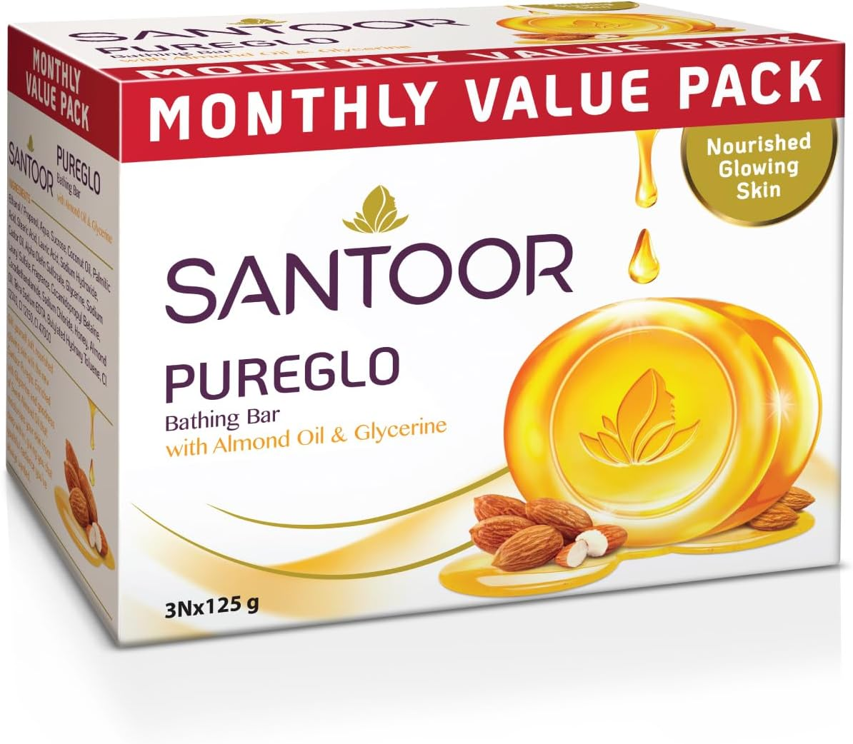 Santoor Pure Glo Glycerin Soap - 125Gm (Pack of 3) image number 1