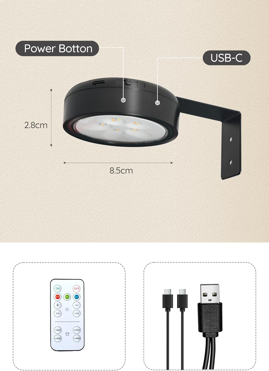 Wireless Picture Light, Battery Picture Light with Remote Control, USB Rechargeable, Painting Lighting with Battery 2000 Mah (Black) image number 3