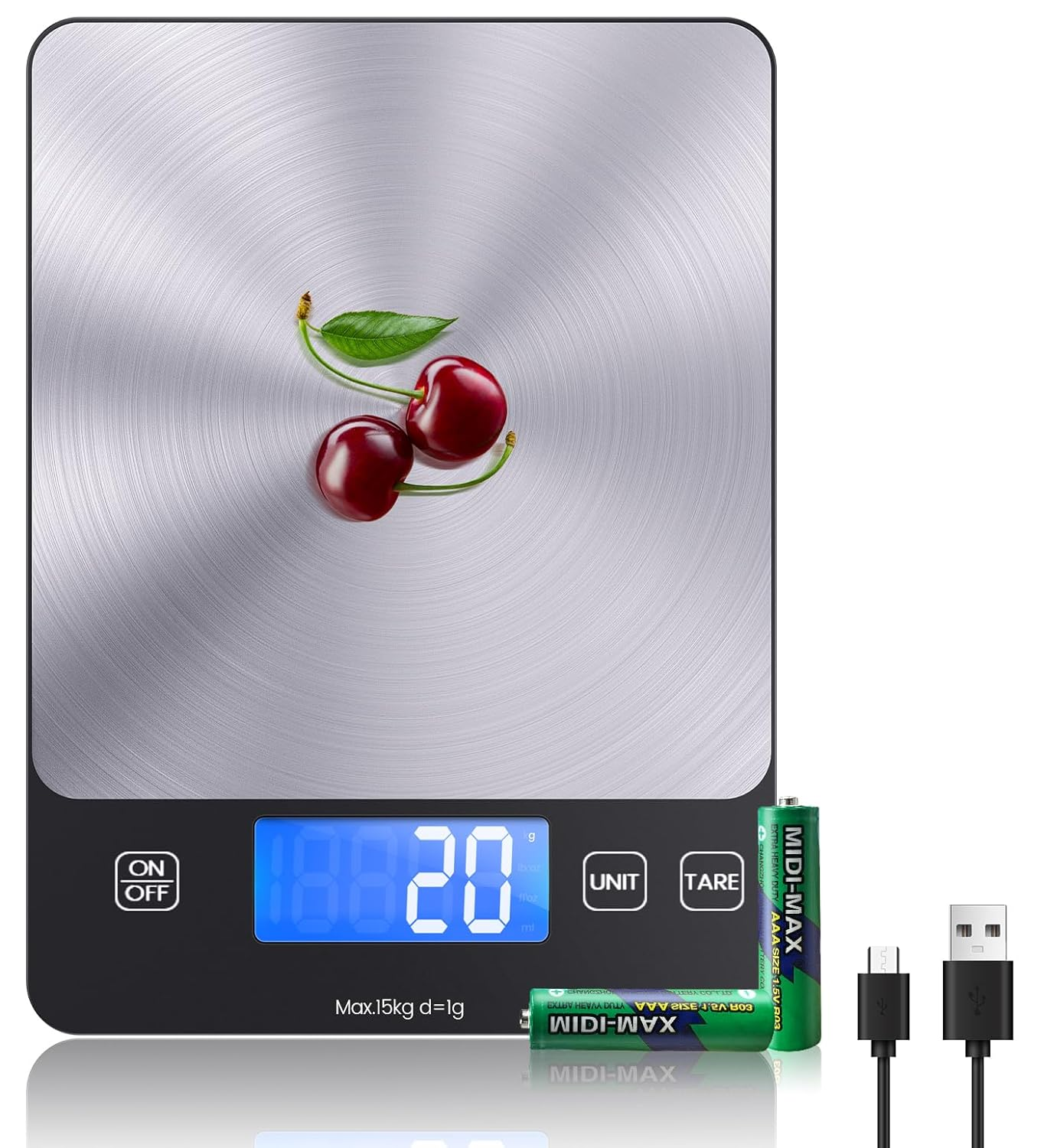 【15Kg/33Lb & USB Rechargeable】 Digital Kitchen Food Scale Kitchen Scale, Stainless Steel Digital Weight Grams and Oz, Baking and Cooking, 1G/0.1Oz Precise, 6 Weight Units (A)
