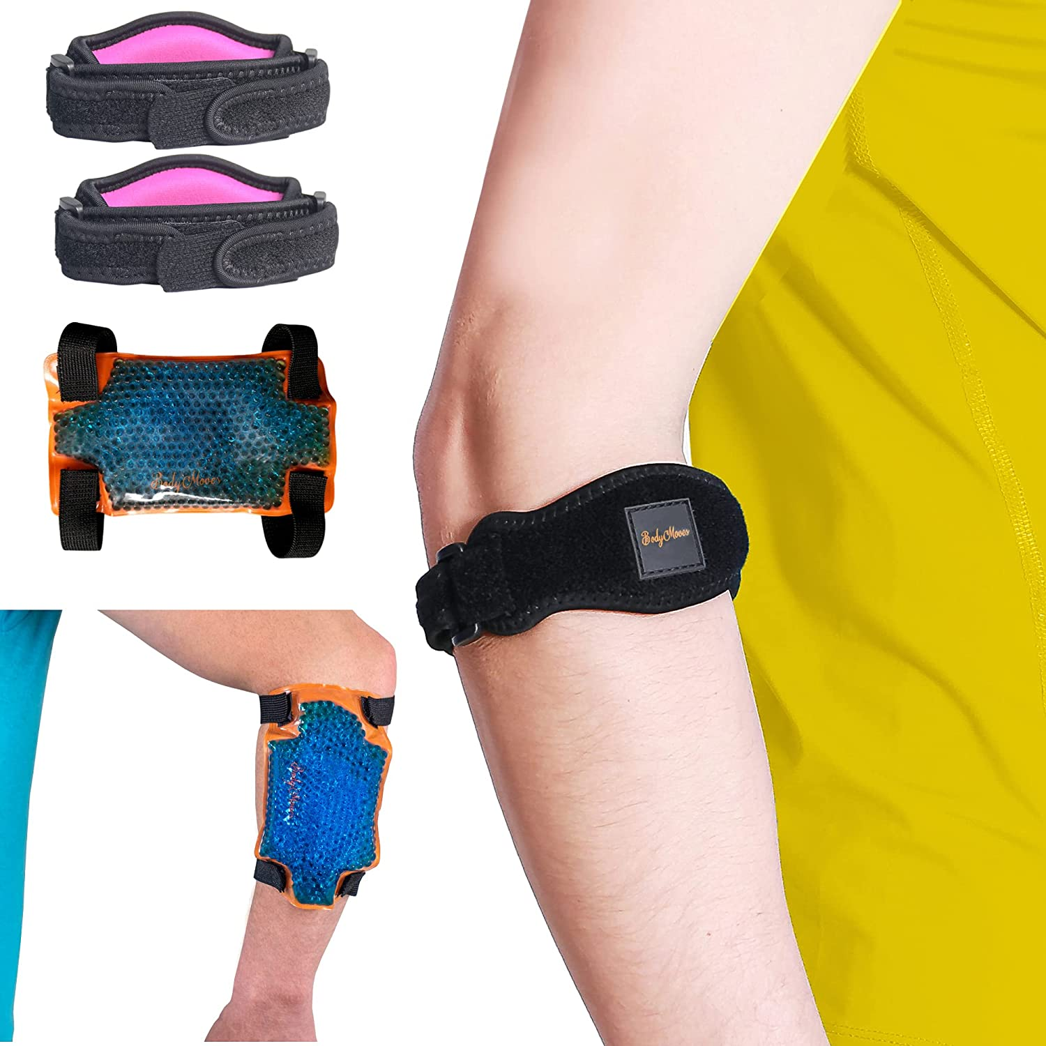 Bodymoves Tennis Elbow Brace (2 Pack) plus Hot and Cold Gel Pack (Active Blue)