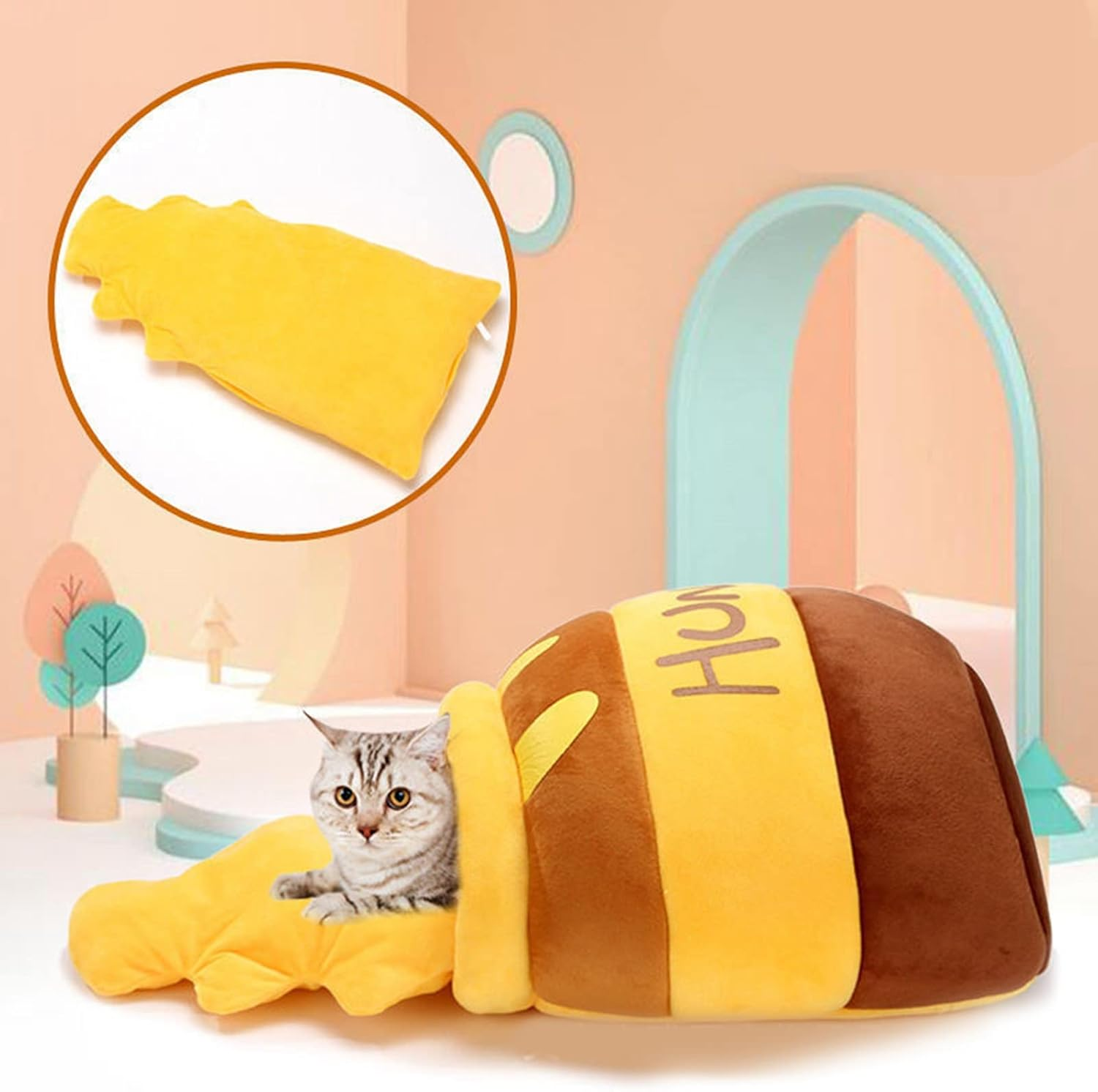 Cat Beds for Indoor Cat Bed, Cute Cave Bed, Warm Soft Removable Cushion Honey Pot Shape Cute Pet Bed House for Indoor Kittens and Puppy Small Dog image number 1