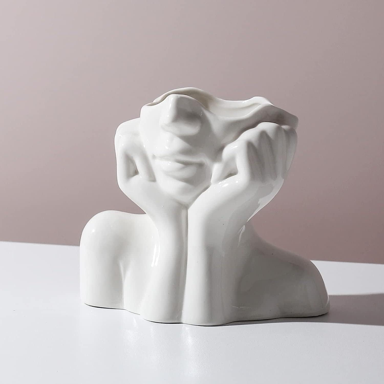 White Ceramic Face Vase - Flower Vase Desk Decor Female Form Head Bust Vase for Modern Home Living Room Table Bookshelf Decor image number 6
