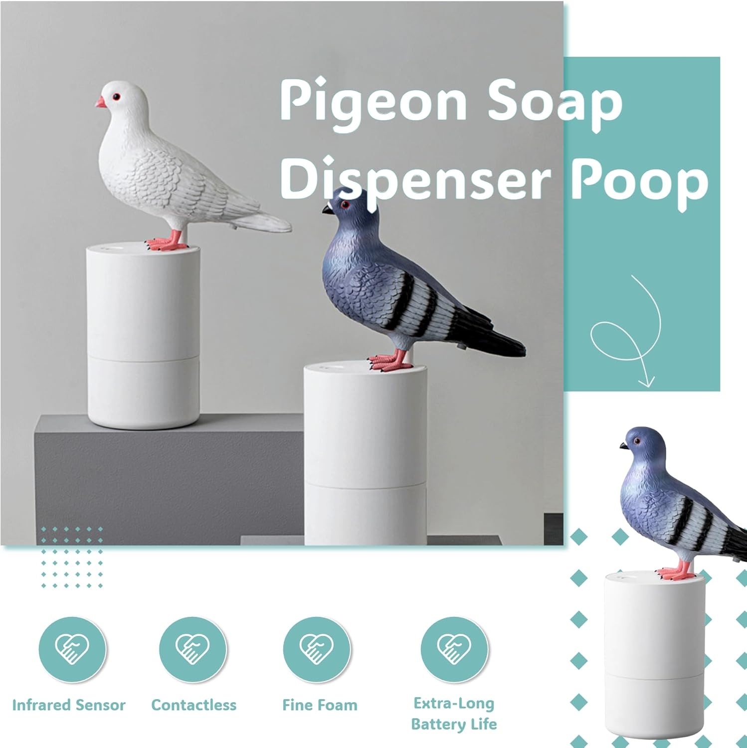 Pigeon Foam Soap Dispenser,Funny Bird Soap Dispenser, Touchless Foaming Soap Dispenser, Pooping Pigeon Soap Dispenser (White) image number 6