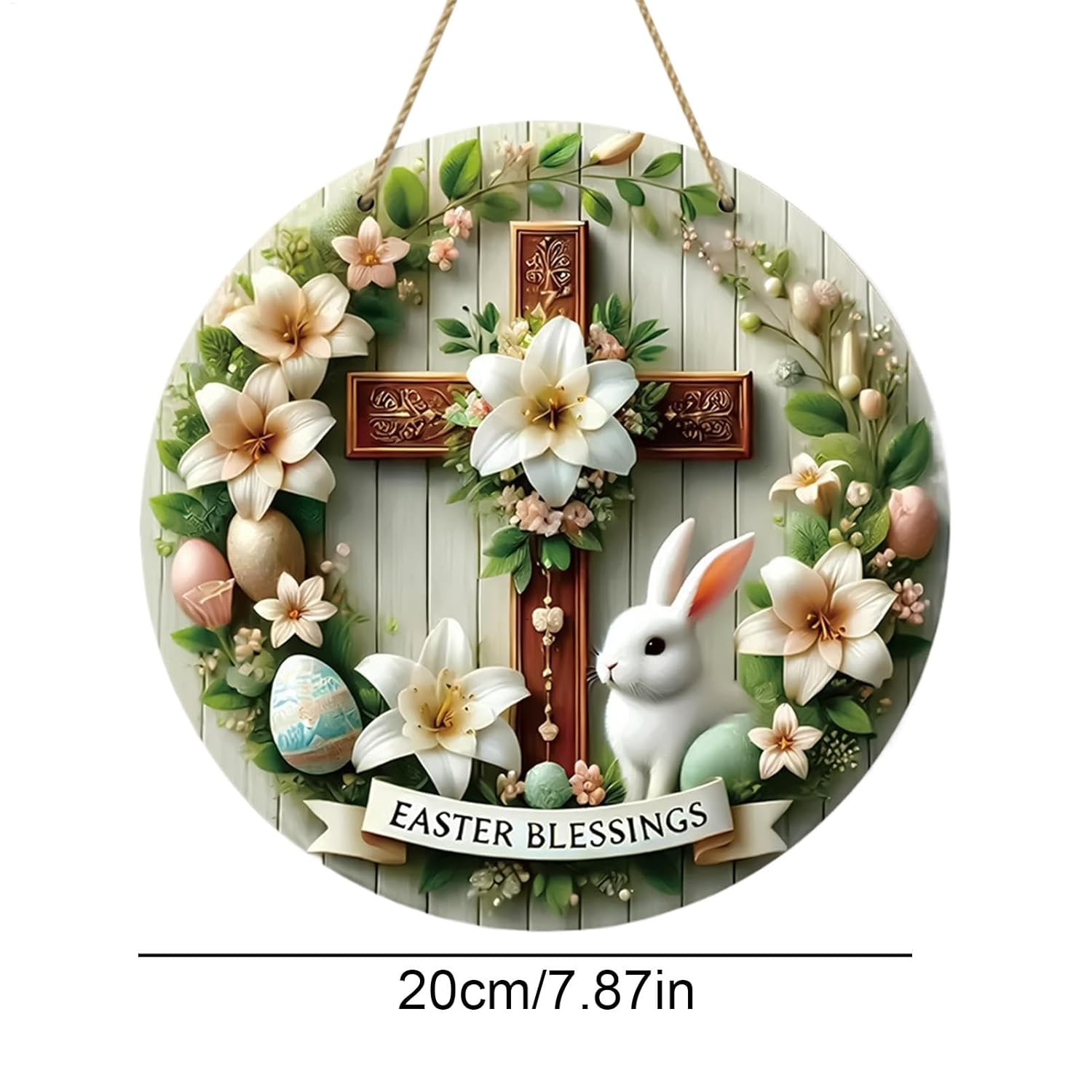Easter Dangling Sign - Easter Blessing Welcome Sign for Front Door | 20Cm round Plate Dangling Decoration, Bunny with Colorful Eggs Decor for Home Farmhouse Indoor Outdoor image number 1