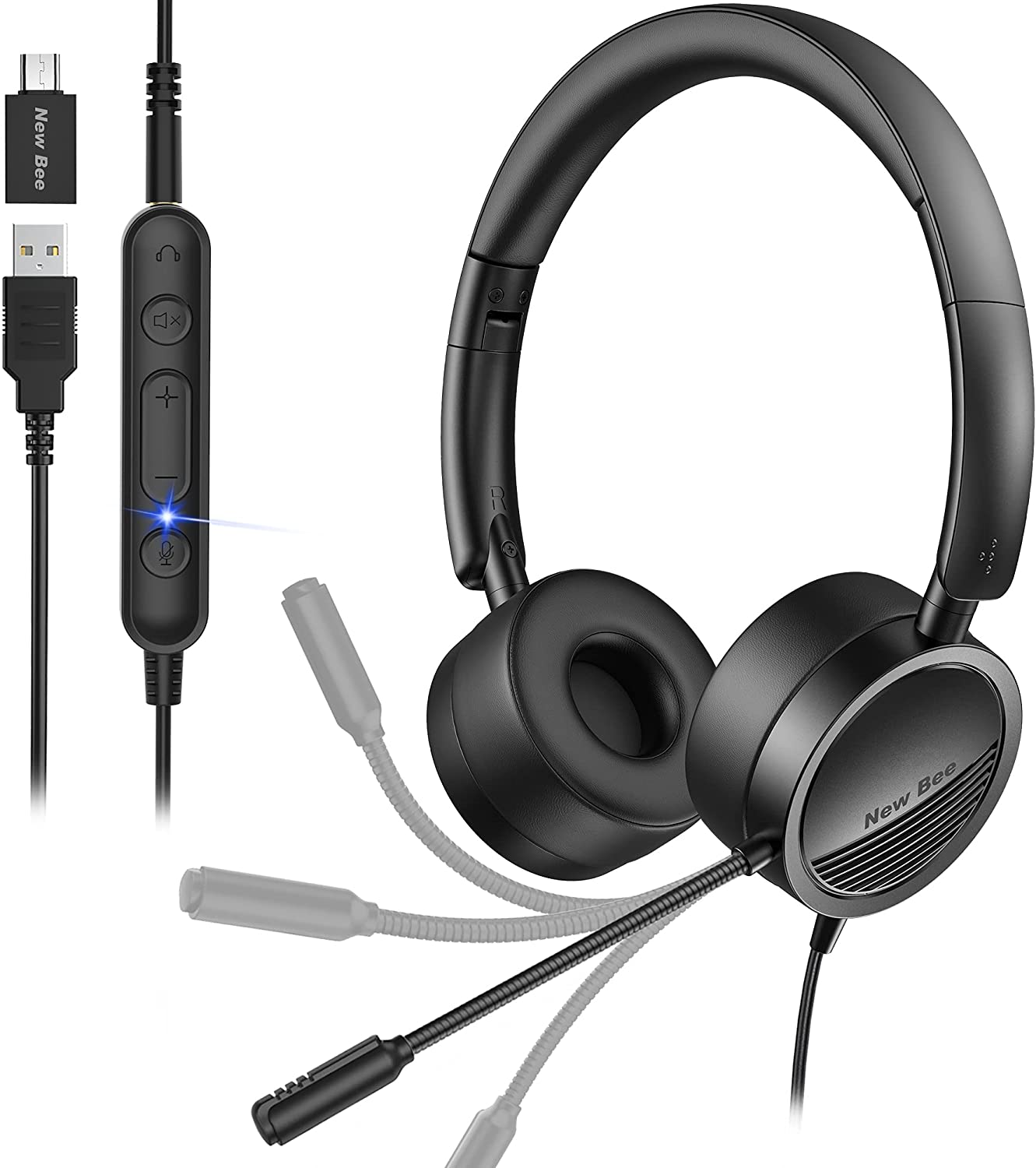 USB Headset New Bee Computer Headset In-Line Call Controls Office Headset with Noise Cancelling Micphone Call Center Headset for Skype, Zoom, Laptop, Phone, PC, Tablet, Home image number 5