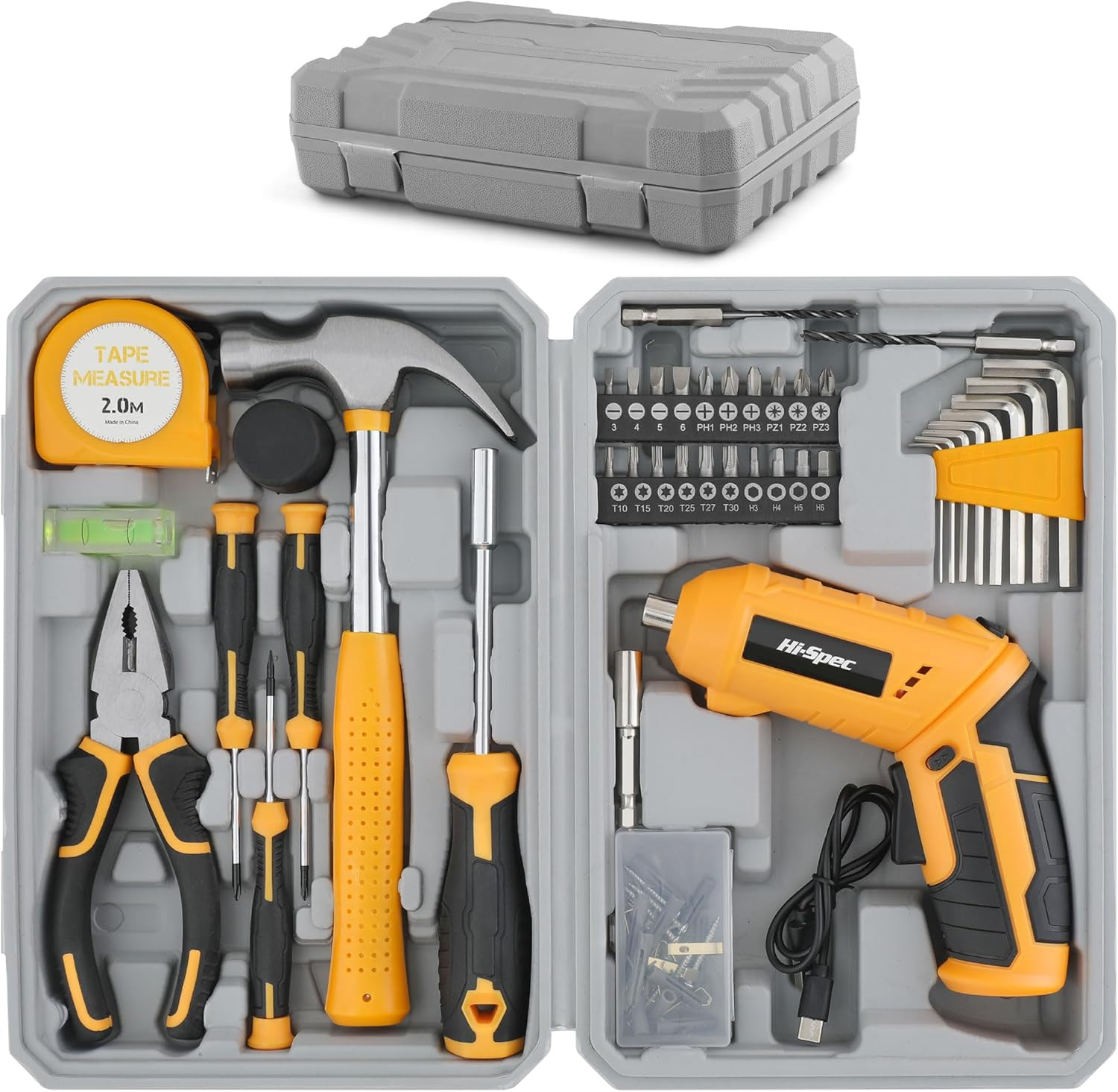 Hi-Spec 42Pc 4V USB Electric Power Driver & Household Tool Kit. Cordless Power Screwdriver and Hand Tools in a Compact Box Case