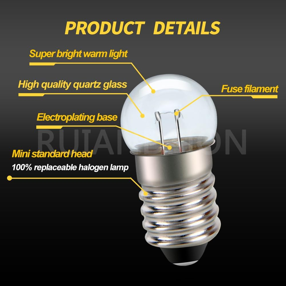 Ruiandsion E10 Flashlight Bulb,1.5V,Non-Polarity,Replacement for Flashlights Torch Work Lights,Warm White(Pack of 5) image number 6