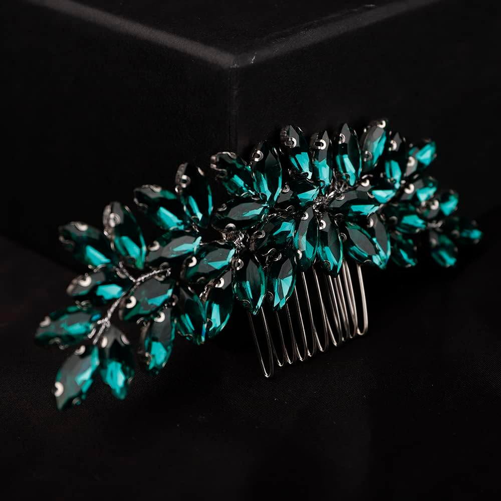 Teyglen Women'S Dainty Simple Rhinestone Hair Comb - Luxurious Shiny Bridal Side Hair Accessory for Weddings (Silver-Green) - Blue image number 5