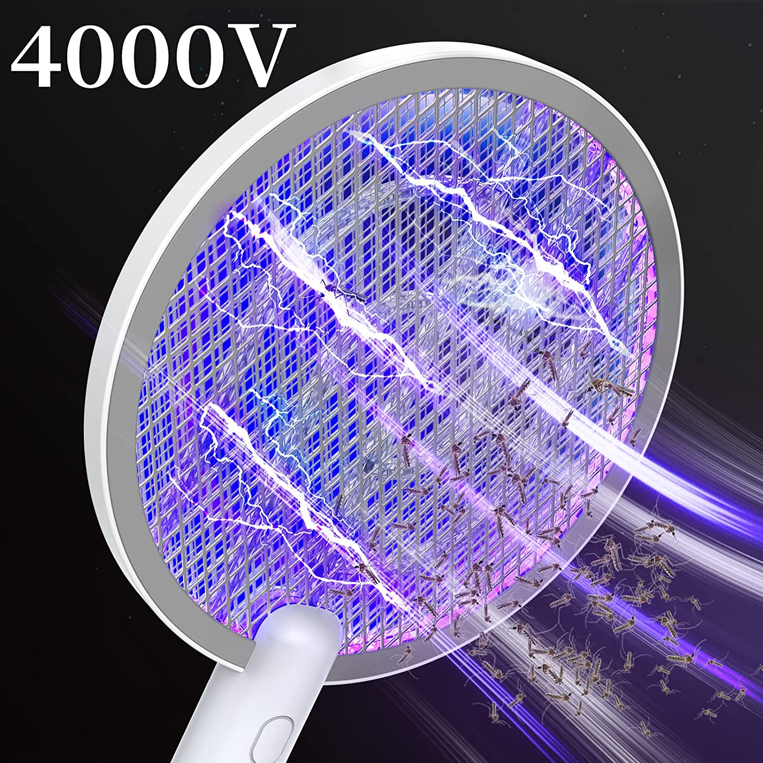 Electric Fly Swatter,4000V Electric Bug Killer with USB Charging 3 Layer Mesh Outdoor Indoor Fly Swatter Electric Zapper for Mosquitoes,Bees,Moths (White) image number 5