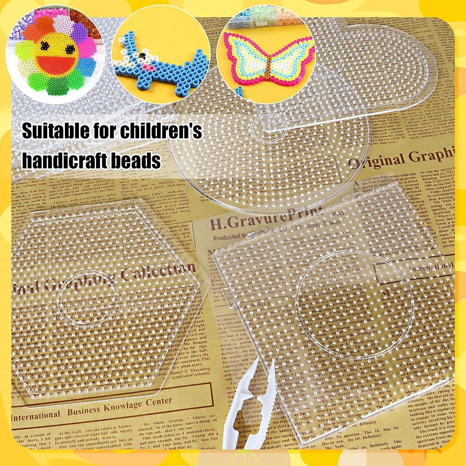 BILLIOTEAM 10PCS (4 Shapes) Fuse Beads Pegboards Boards with 2Pieces Tweezers and 6Pieces Lroning Paper,5Mm Clear Plastic Pegboards Set Kit for Kids Craft Supplies Beads image number 3