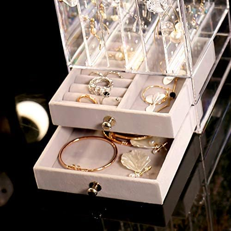 Sooyee Acrylic Earring Holder and Jewelry Organizer with 5 Drawers,Dustproof Jewelry Stand Rack Display Classic for Necklaces Bracelet Earrings and Ring,Clear image number 3