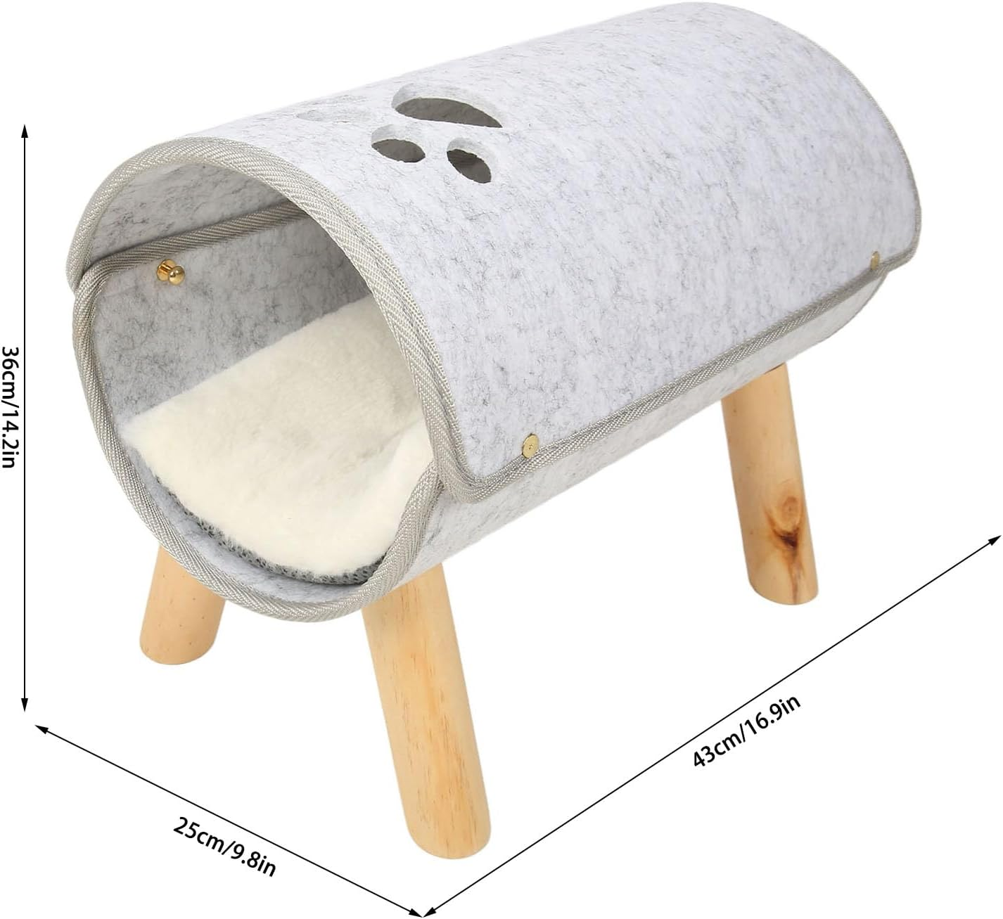 Cat Tunnel Bed, Pet Felt Tunnel Bed, Nonslip Design, Soft Comfortable, with Wooden Legs, with Plush Cushion for All Seasons, for Small Dogs Cats, 6.9X14.2X9.8In