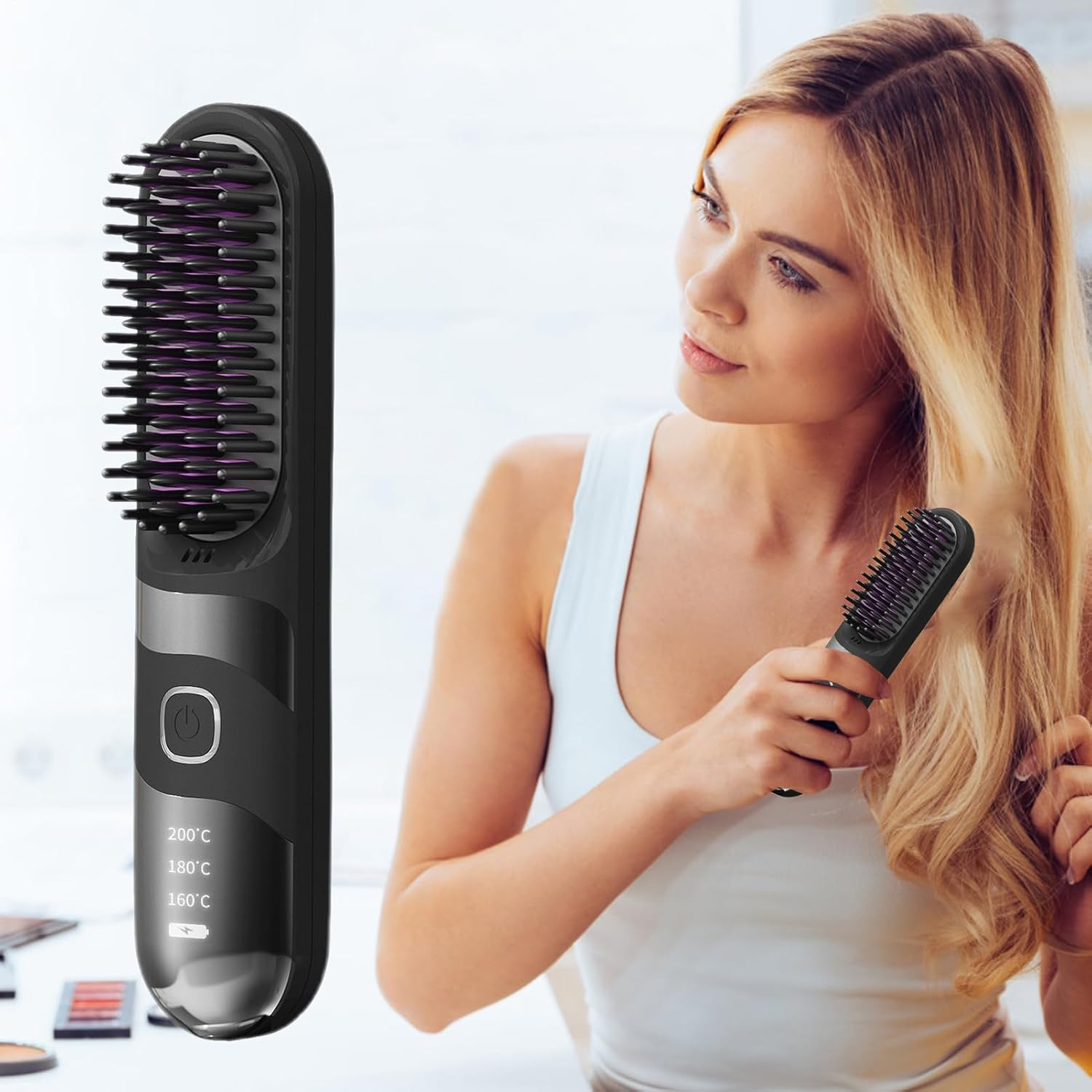 Travel Hair Straightener | Electric Curler Brush - 2-In-1 Cordless Ionic Hair Straightener Brush Anti-Scalding for Travel, Salon, Home - Black image number 3