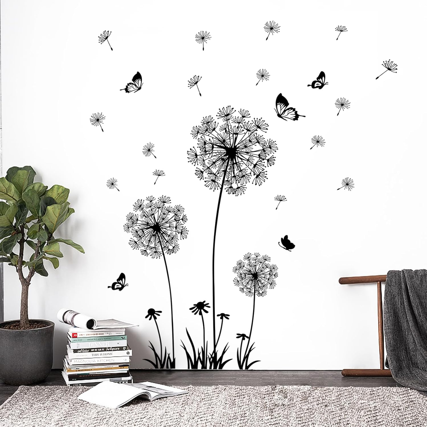 Supzone Dandelion Wall Stickers Flower Wall Decals Butterflies Flying Wall Decors Wall Art Stickers for Bedroom Living Room Sofa Backdrop TV Wall Decoration image number 5