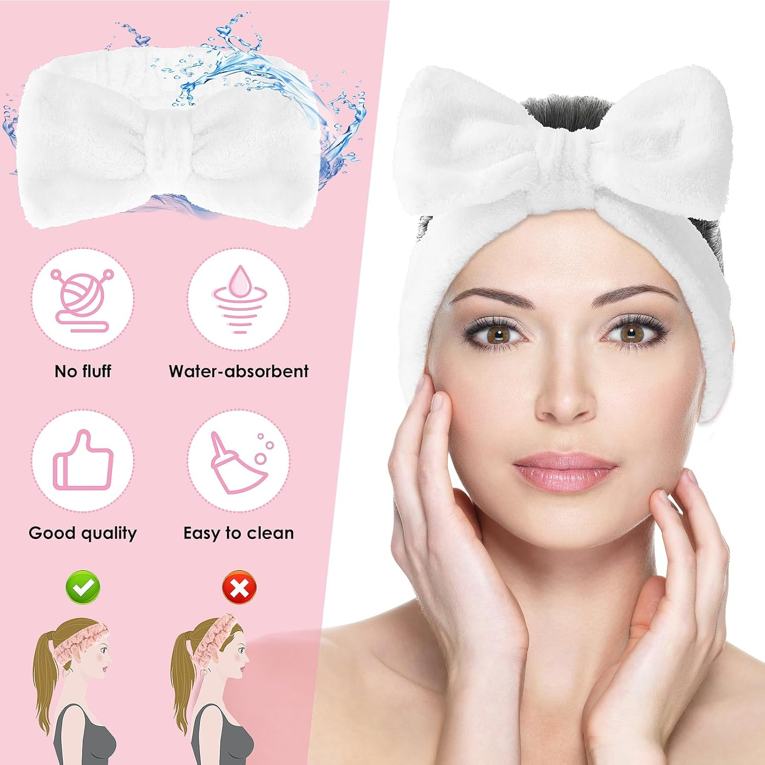 Spa Bowknot Headband Women'S Spa Hair Band Cosmetics, Coral Fleece Makeup Hair Bands Elastic, Cosmetic Headband Wide Brim Coral Fleece Washing Face Head Wrap for Shower Skin Care Sports (White) image number 2