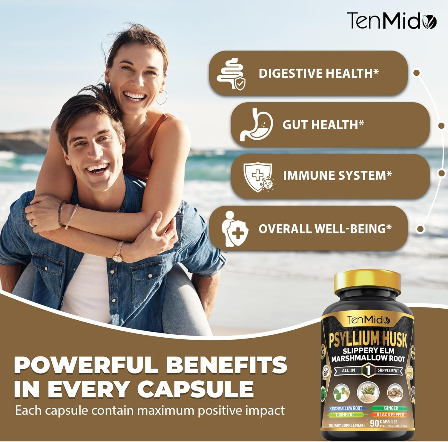 Tenmido Psyllium Husk Supplements - 6In1 with Slippery Elm, Marshmallow Root, Turmeric, Ginger & Black Pepper - Digestive Health - 90 Vegan & Non-Gmo Capsules