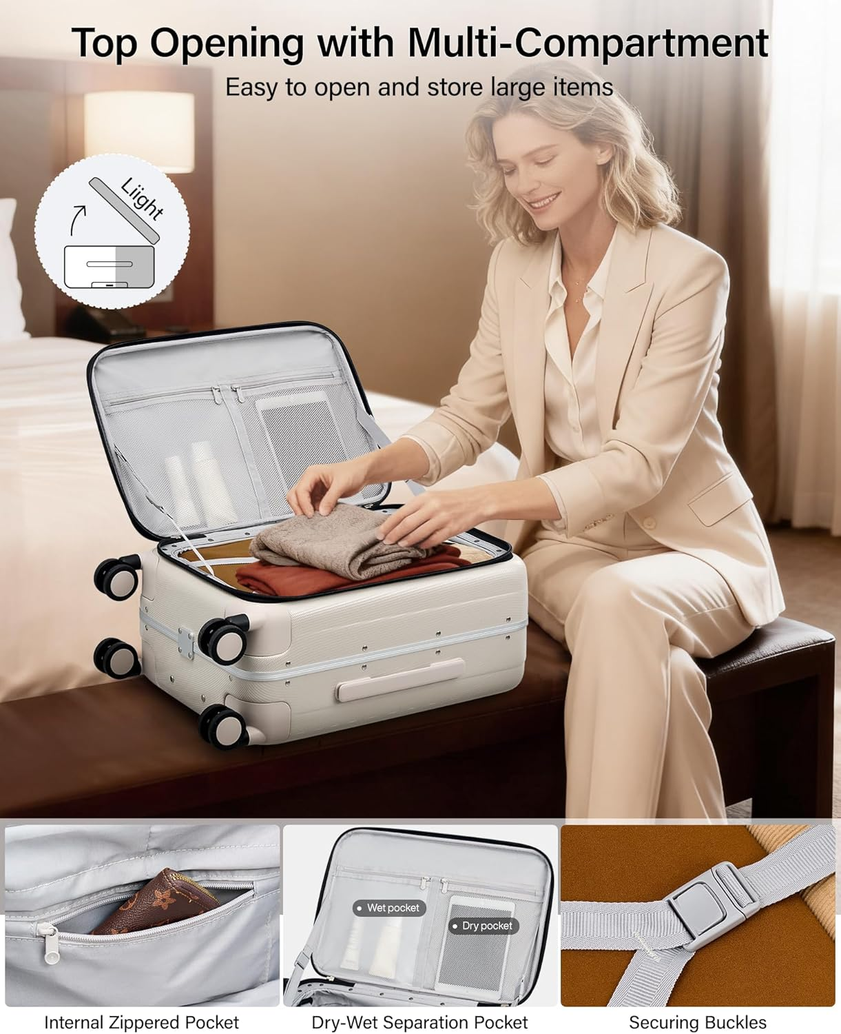 Hanke Carry on Luggage, Suitcase with Wheels & Front Opening, 20In Spinner Luggage Built in TSA Aluminum Frame PC Hardside Rolling Suitcases Travel image number 3