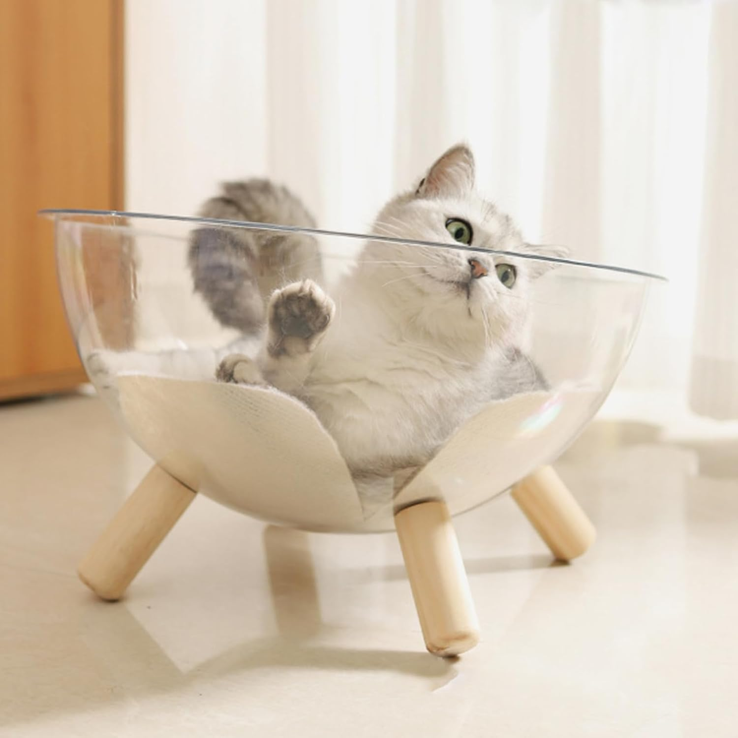 Pet Beds for Cats,Cat Sleeping Nest with Wood Base - Acrylic Clear Dome House Small Animal Supplies for Resting Sleeping Lounging Puppies Bunnies image number 5