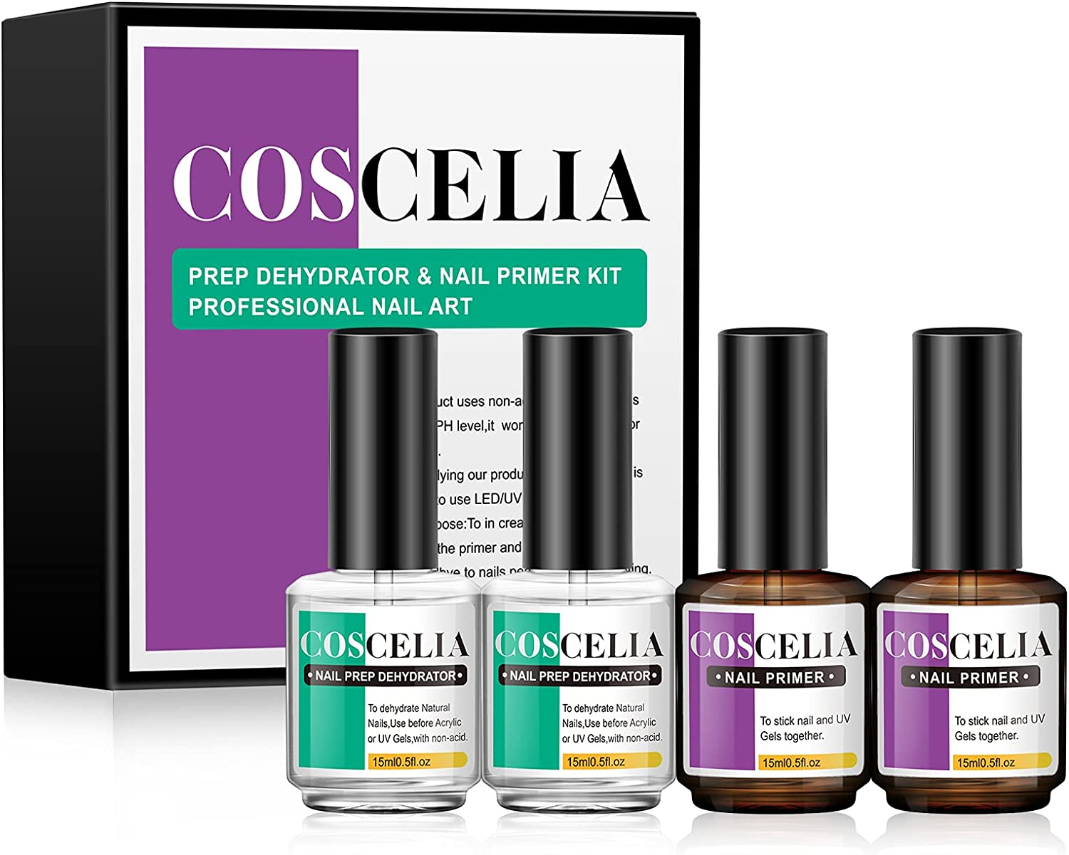 COSCELIA Nail Dehydrator and Primer Set for Gel Nails, 15Ml 4 Pcs Gels No Burn Non Acid Nail Primer and Dehydrator for Acrylic Nails, Poly Nail Gel,Nail Art Kit image number 3