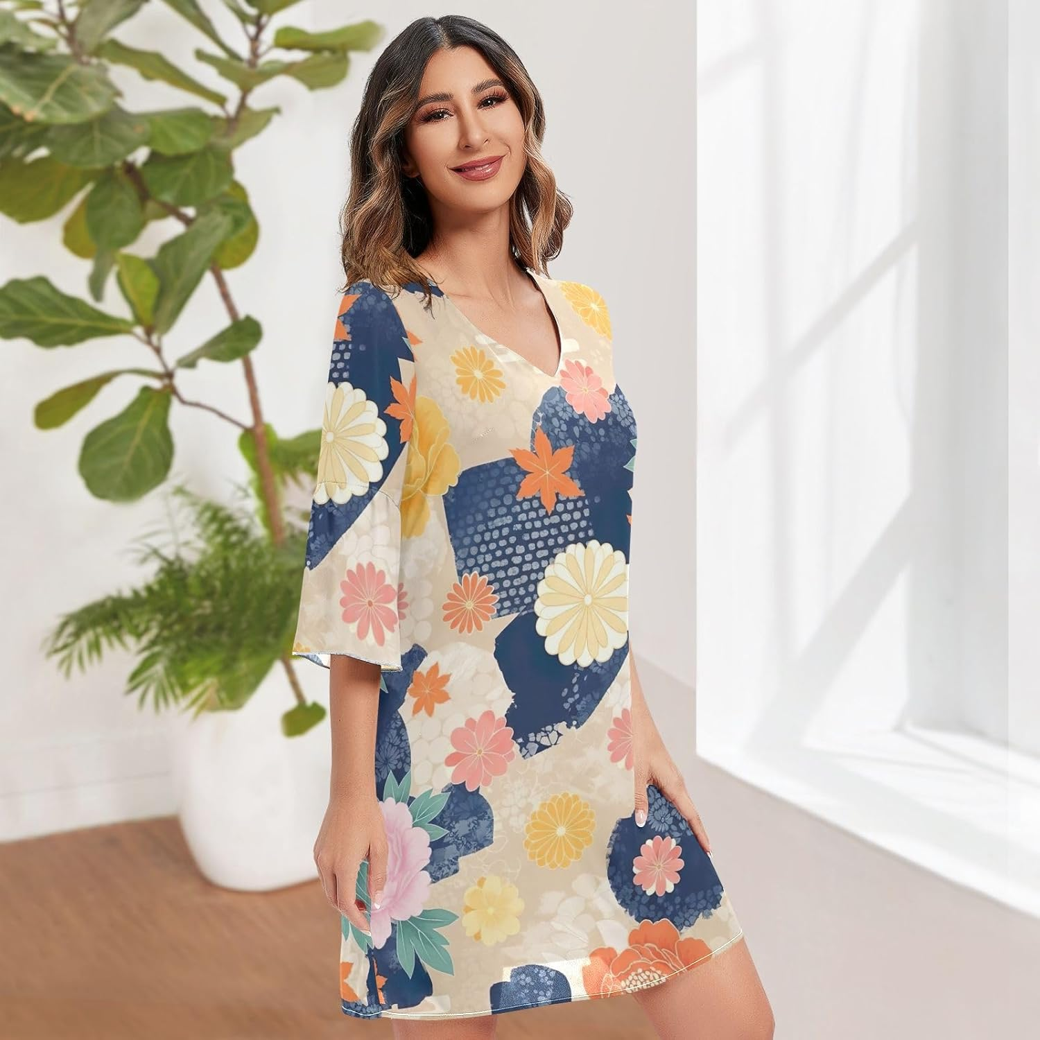 Japanese Florals Peonies V Neck Line Dress Printed Line Maternity Dress image number 4