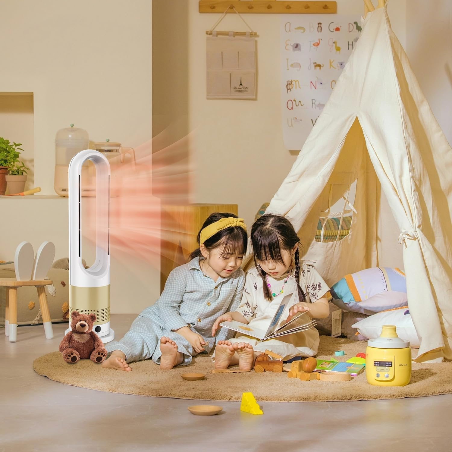 Bladeless Fan,26.5Inch Heating & Cooling Combo Tower Fan 80&deg; Oscillating, 9H Timer, 8 Speeds, Portable Quiet for Indoor, Bedroom, Home Office Room (Gold&White, 26.5 Inch Heating & Cooling) image number 1