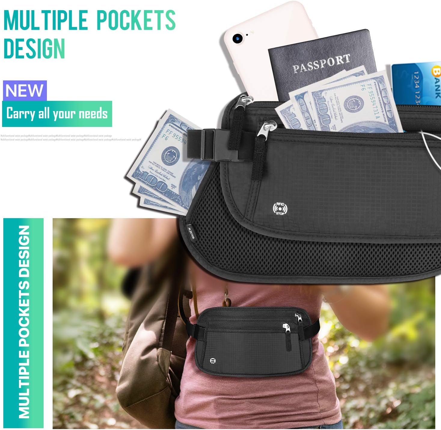 WALNEW Travel Money Belt for Women and Men - RFID Blocking Passport Holder Hidden Travel Wallet to Keep Cash, Credit Card, Passport, Cell Phone Safe (Black) image number 3