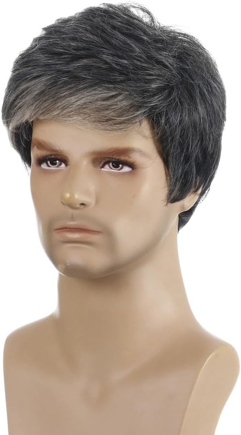 AUBWIG Men'S Black Brown Mixed Light Blonde Wigs Short Hair with Blonde Strands Natural Smooth Fluffy with Fringe Tiered Synthetic Wig for Male Everyday Use image number 1