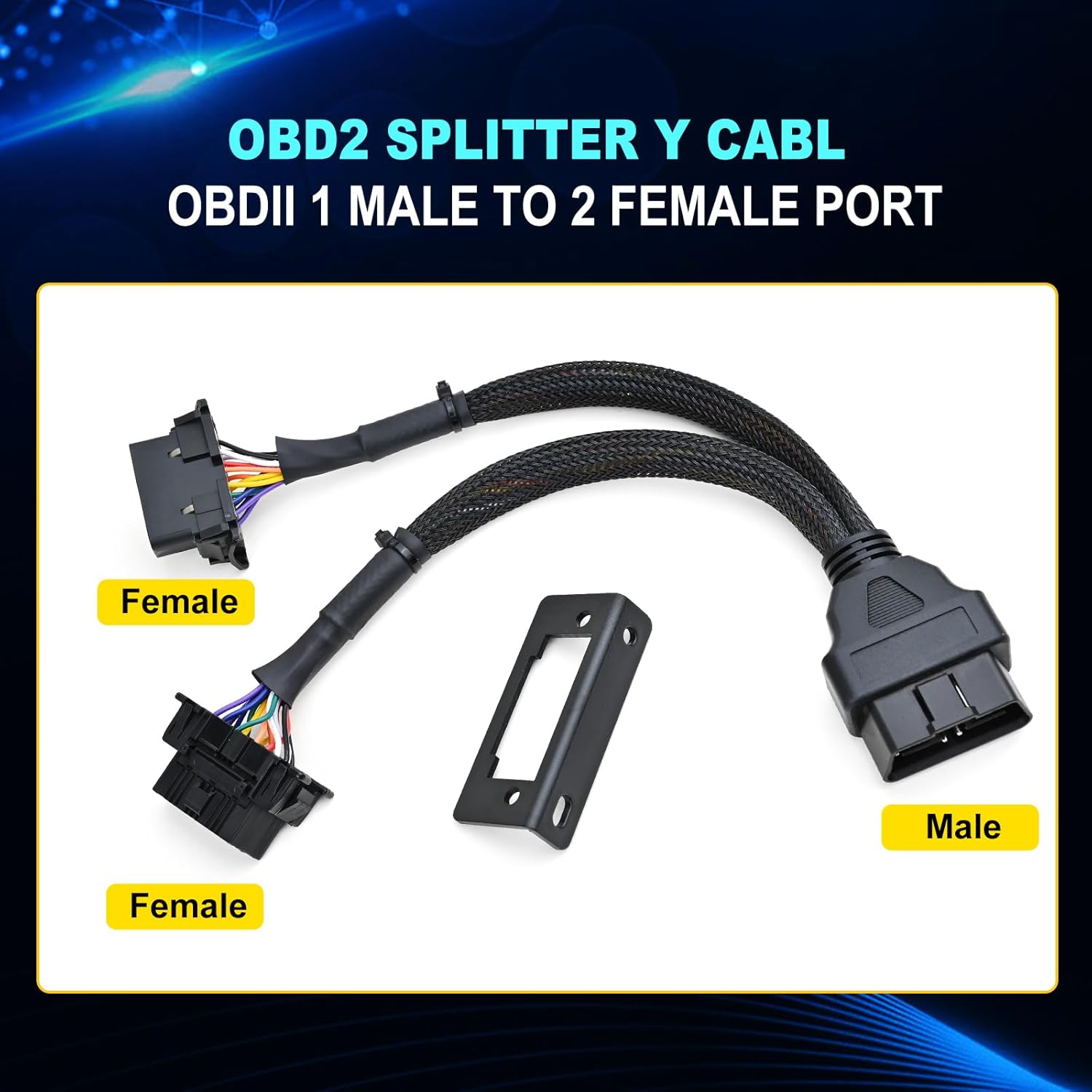 Ikkegol Underdash OBD2 Splitter Y Cable, 1 Male to 2 Female OBDII Harness Adapter, 16 Pin OBD II J1962 Extension Cord DIY, Car OBD Port Braid Connector with Mounting Bracket 1FT/30CM image number 2
