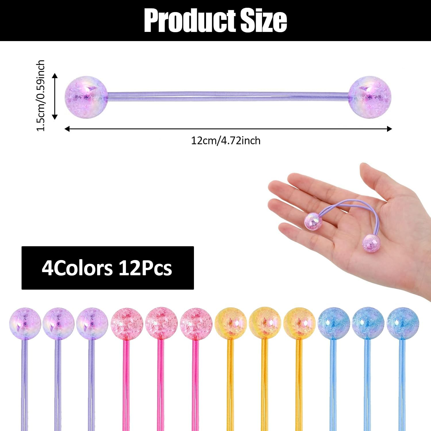 12-Piece Set of Double-Bead Bubble Hair Ties, Fruit-Coloured Acrylic Ball Accessories for Women and Girls, Colourful Decorative Hair Bands in Four Styles image number 3