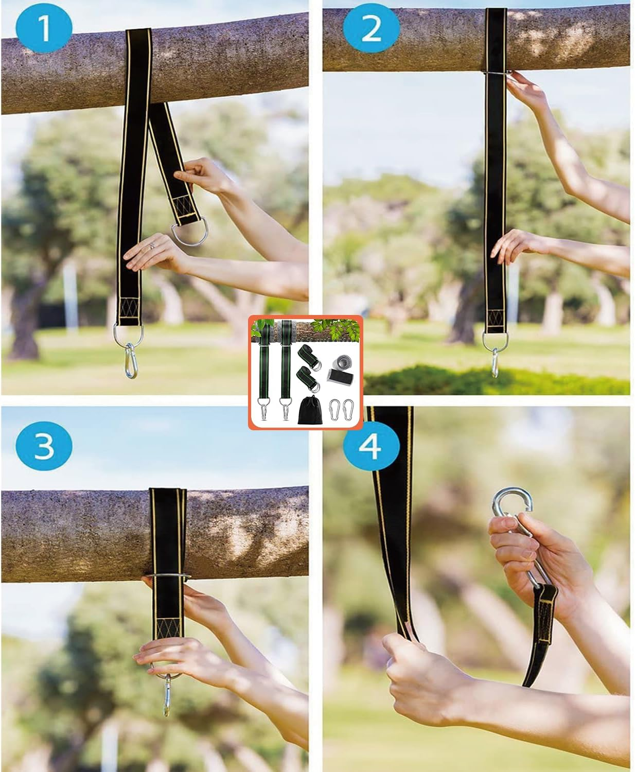 Taicols Tree Swing Hanging Straps, 2 Pcs 1.5M/5Ft Hammock Tree Straps Kit with 2 Sturdy Lock Carabiners & 2 Tree Protectors for Swings and Hammocks,Holds up to 1000Kg,Carry Pouch Bag for Hammocks image number 2