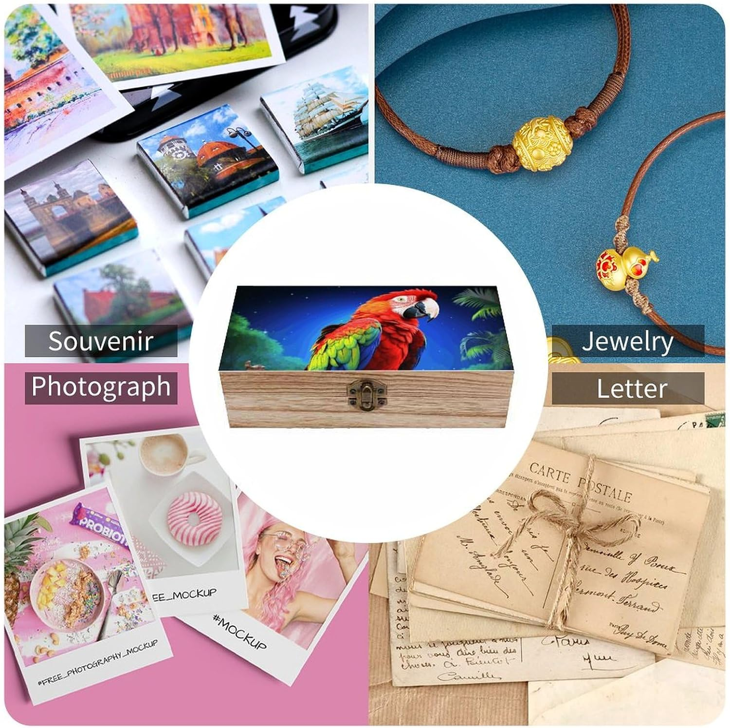 Parrot Wooden Box Wood Wedding Keepsake Boxes with Lids Small Decorative Boxes Lightweight Wooden Memory Storage Box for Crafts Keepsakes Jewelry Photo Letter Storage image number 3