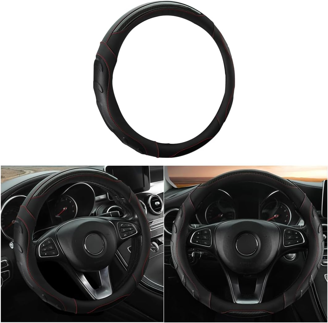 Leather Steering Wheel Cover, Auto Car Stretch Steering Wheel Protector, Universal 15 Inch Anti-Slip Breathable Odorless Steering Wheel Cover for Men Women (Black/Blue)