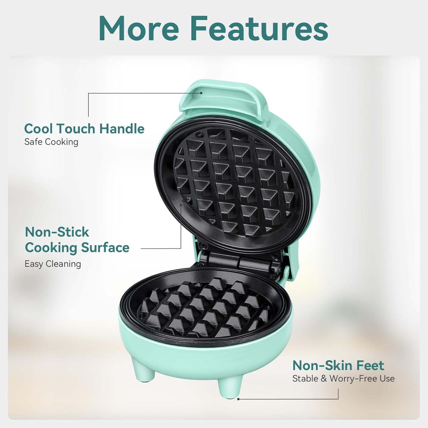 SNAILAR Mini Waffle Maker Belgian Waffle Maker Small Classic Waffle Maker for Children'S Birthdays, Family Parties, Easter or Christmas, Cute and Compact Design, 550 Watts, Green - Green image number 3