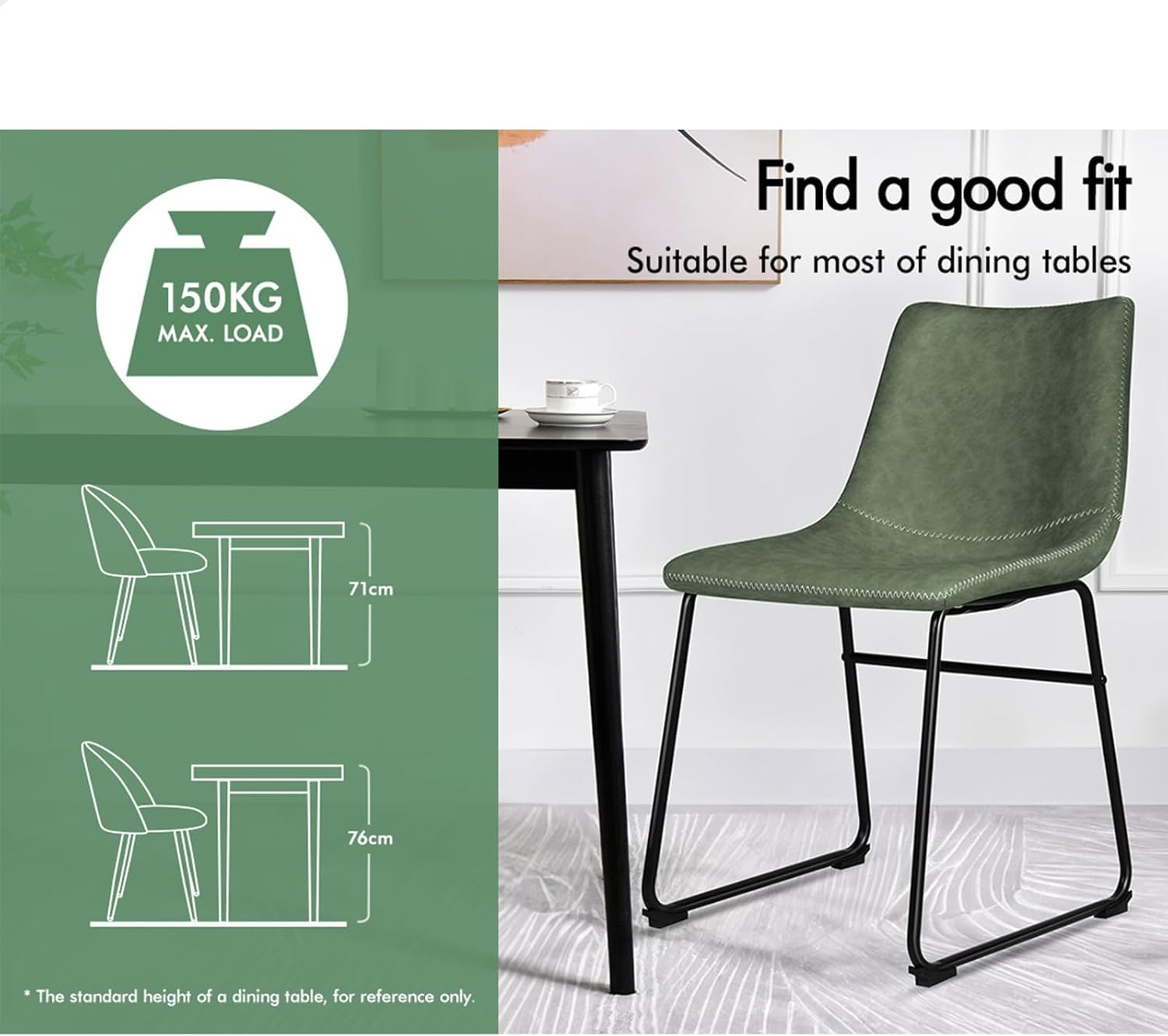 ALFORDSON Dining Chairs PU Leather Set of 2, Kitchen Chair with Metal Frame & Floor Protector, Reading Seating for Home Cafe Coffee Table, Max 150Kg, Veda Green image number 3