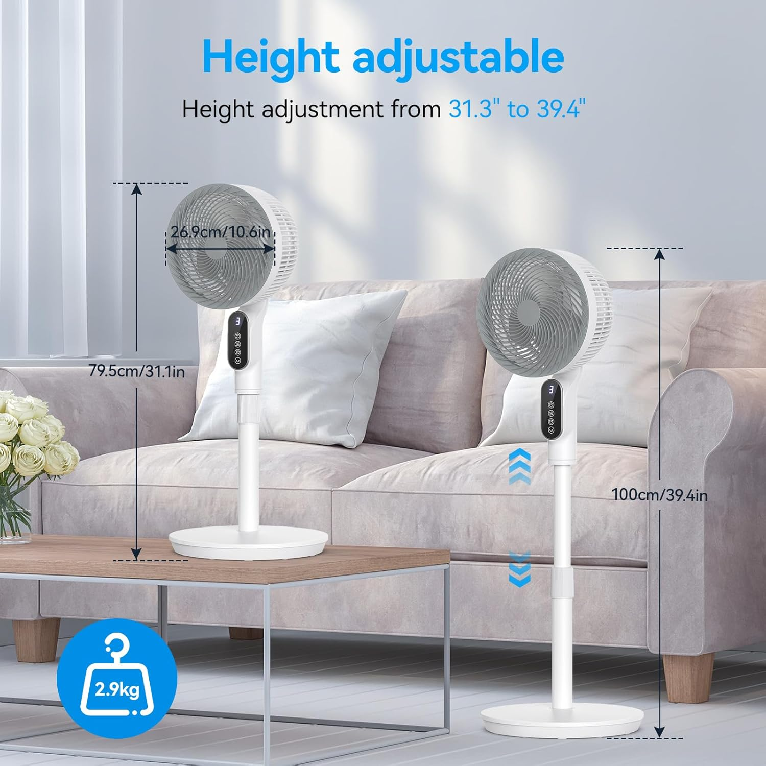 Smart Standing Fan, 40'' Quiet Pedestal Fans for Bedroom, 75&deg;Omni-Directional Oscillating Floor Fan with Remote, DC Motor Powerful Cooling Fans, 6 Speeds, 9H Timer for Home, Office, Indoor - White image number 2