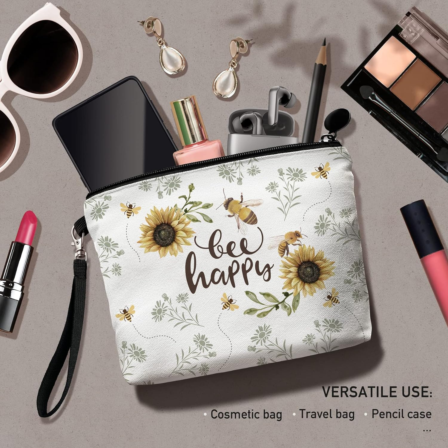 Hglian Travel Makeup Bag, White, Small Pouch, Bee-Bee Happy image number 5