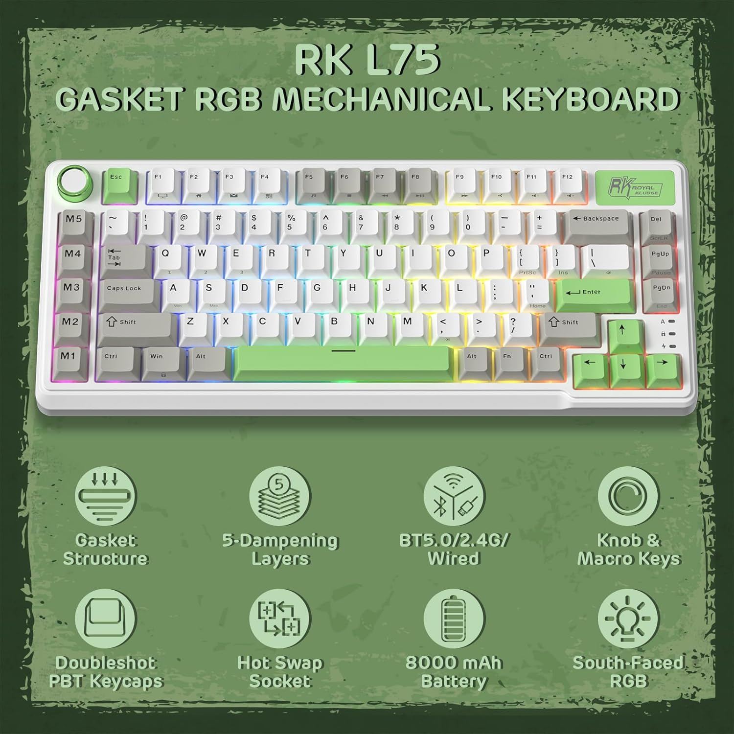 RK ROYAL KLUDGE L75 Gasket Mount Mechanical Keyboard W/Knob/Macro Keys & Touchable Nameplate, Tri-Mode BT/2.4G/USB-C 75% TKL Wireless Keyboard, Hot Swappable, Pro Software, Massive 8000Mah Battery image number 6