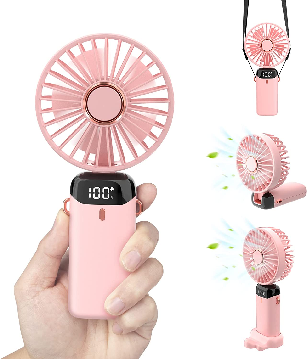 Personal Fan, Portable Hanging Neck Fan, 4000Mah USB-C Rechargeable 5-Speed Modes Powerful Desktop Fan with Base, Max 16H Run Time, Adjustable Lanyard and Bracket Hands-Free Cooling Fan-Pink image number 2