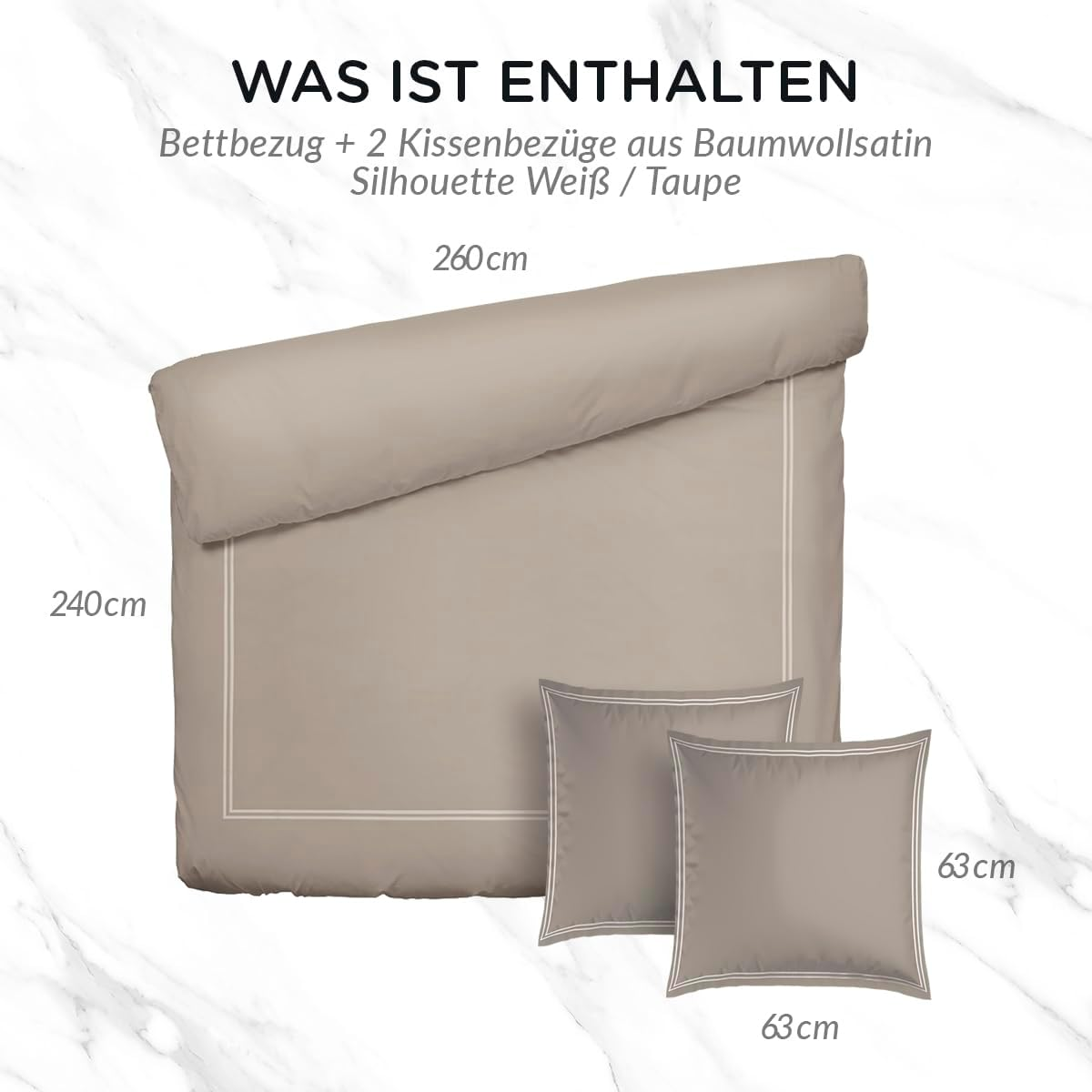 Pure Cotton 3-Piece Double Bedding Set - Duvet Cover 260 X 240 Cm & 2 Pillowcases 63 X 63 Cm - 100% Cotton Satin, 80 Thread Count, 120 GSM - Oeko-Tex Certified - Silhouette - White/Taupe image number 1