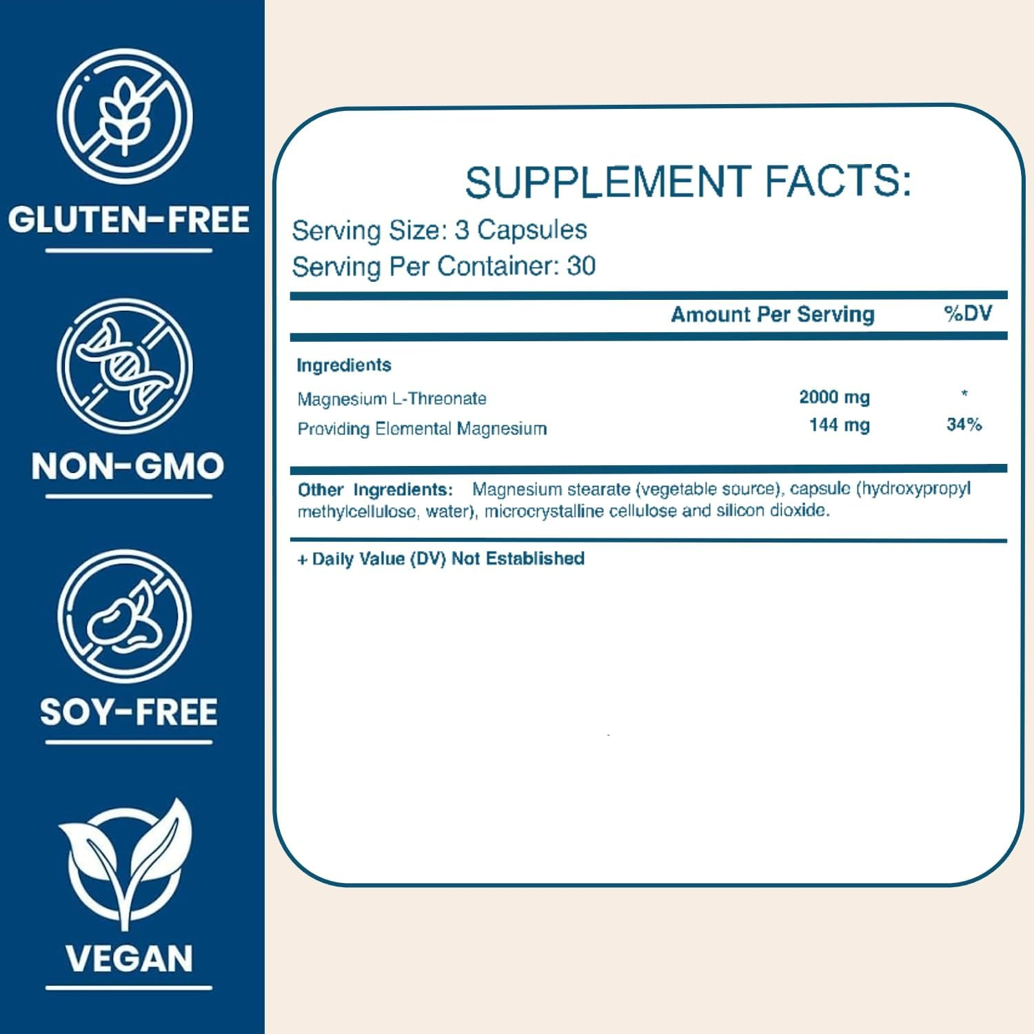 Magnesium L-Threonate 2000Mg | 90 Vegan Capsules | 144Mg Elemental Magnesium per Serving | Non-Gmo & Gluten-Free by Glowbelly image number 2