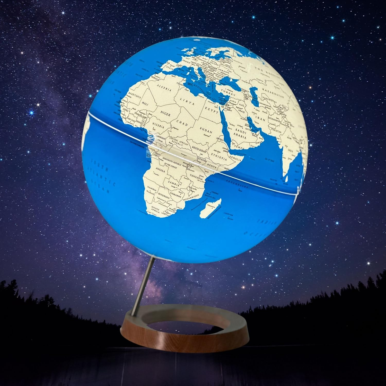 Exerz Illuminated World Globe 33Cm Diameter Wooden Base - Large Earth Globe Light up - Self Assembled - Sapphire image number 2