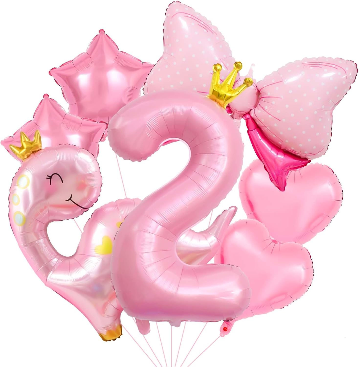 40 Inch Number Balloon Pack, Cute Crown Dinosaur and Star Bow Heart, Pastel Pink Dino Birthday Decoration for Girls (4)