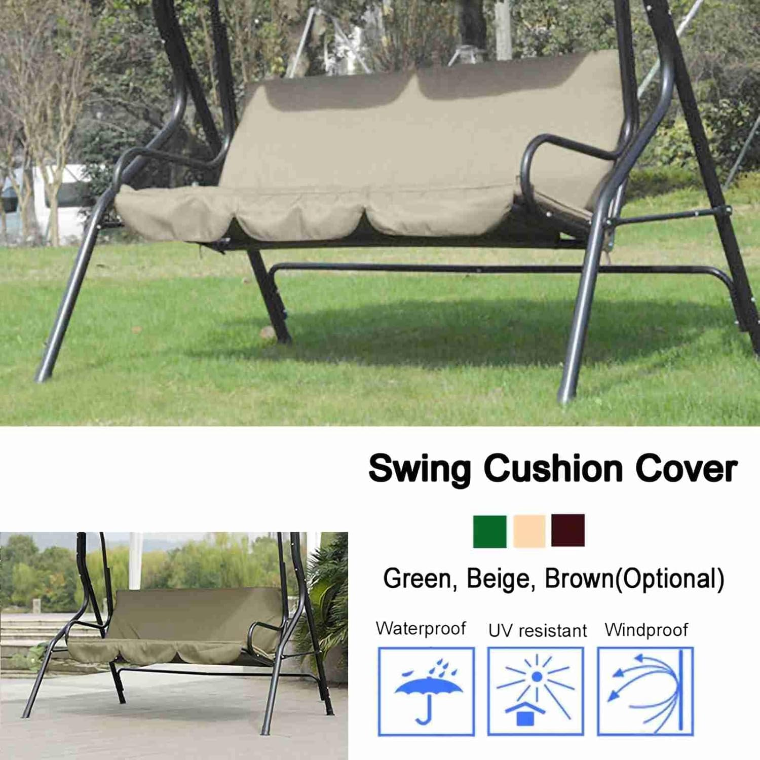 Water Resistant Swing Cushion Cover Garden Courtyard Outdoor Polyester Taffeta Threeseater Hammock Cushion Cover 1505010CM Swing Cushion (Beige) - Green image number 2