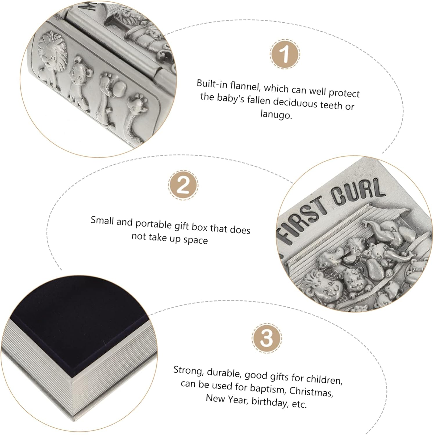 2 Pcs Baby First Tooth Metal Keepsake Boxes Lanugo Curl Storage for Newborns Silver Vintage Tooth Collection Case image number 3