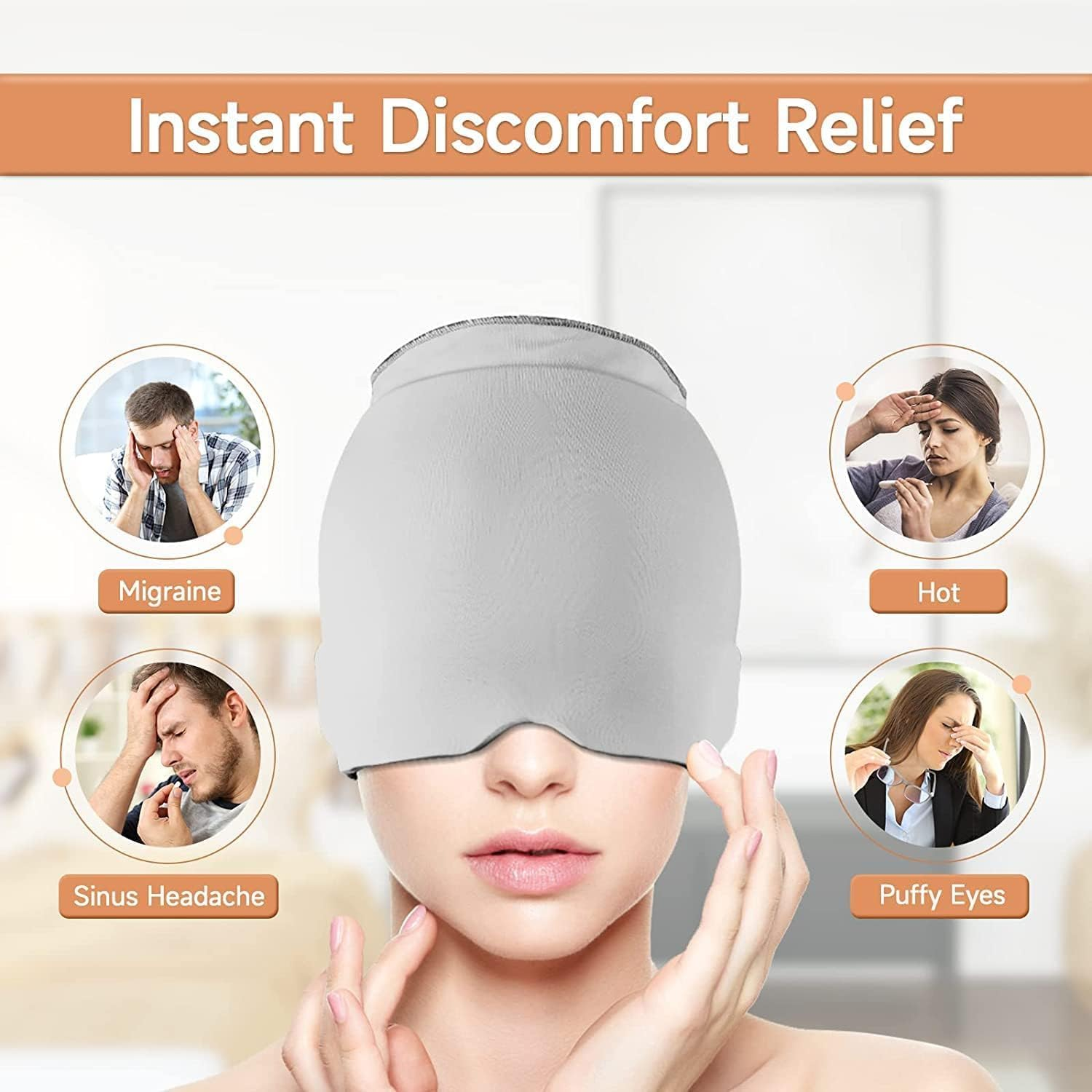 Migraine Headache Relief Cap, Hot & Cold Therapy Hat, Cool Gel Head Wrap, Headache Cap Ice Pack Mask, Cold Compress Migraine Relief Products Device for Tension & Stress (1 Gray) image number 3